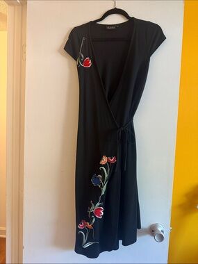 Black Wrap Dress with Floral Embroidery - Voodoo Vixen